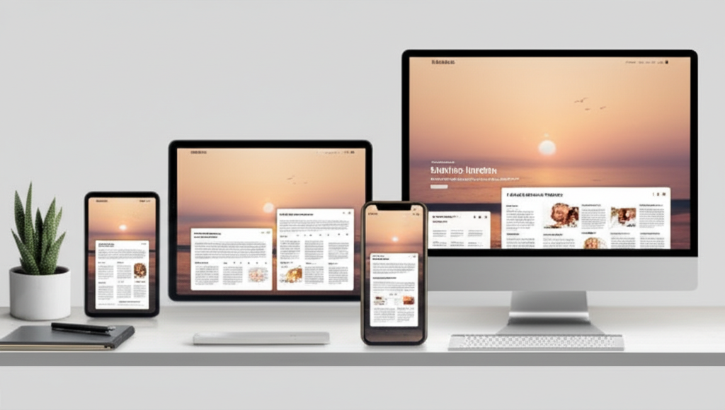 Modern website design mockups displayed on multiple devices including desktop, tablet and mobile showing responsive web design with clean UI in a professional workspace